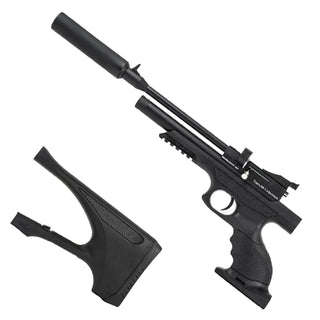 A black tactical-style pistol shown with a separate black stock attachment on a plain white background.
