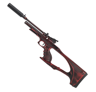 A tactical Air rifle with a black body and a glossy red woodgrain-style finish, featuring a mounted scope and a cylindrical suppressor, shown on a plain white background.