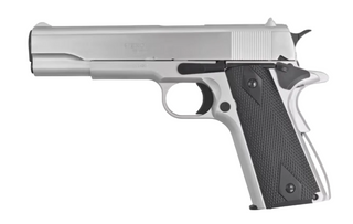 A semi-automatic pistol with a polished silver-tone metal finish and a black textured grip, shown from a side profile against a plain white background.